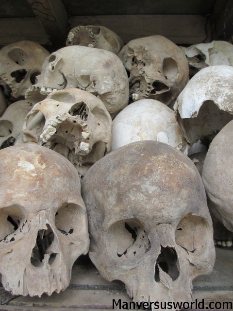 More than 5000 skulls rest inside the Buddhist stupa at Choeung Ek.