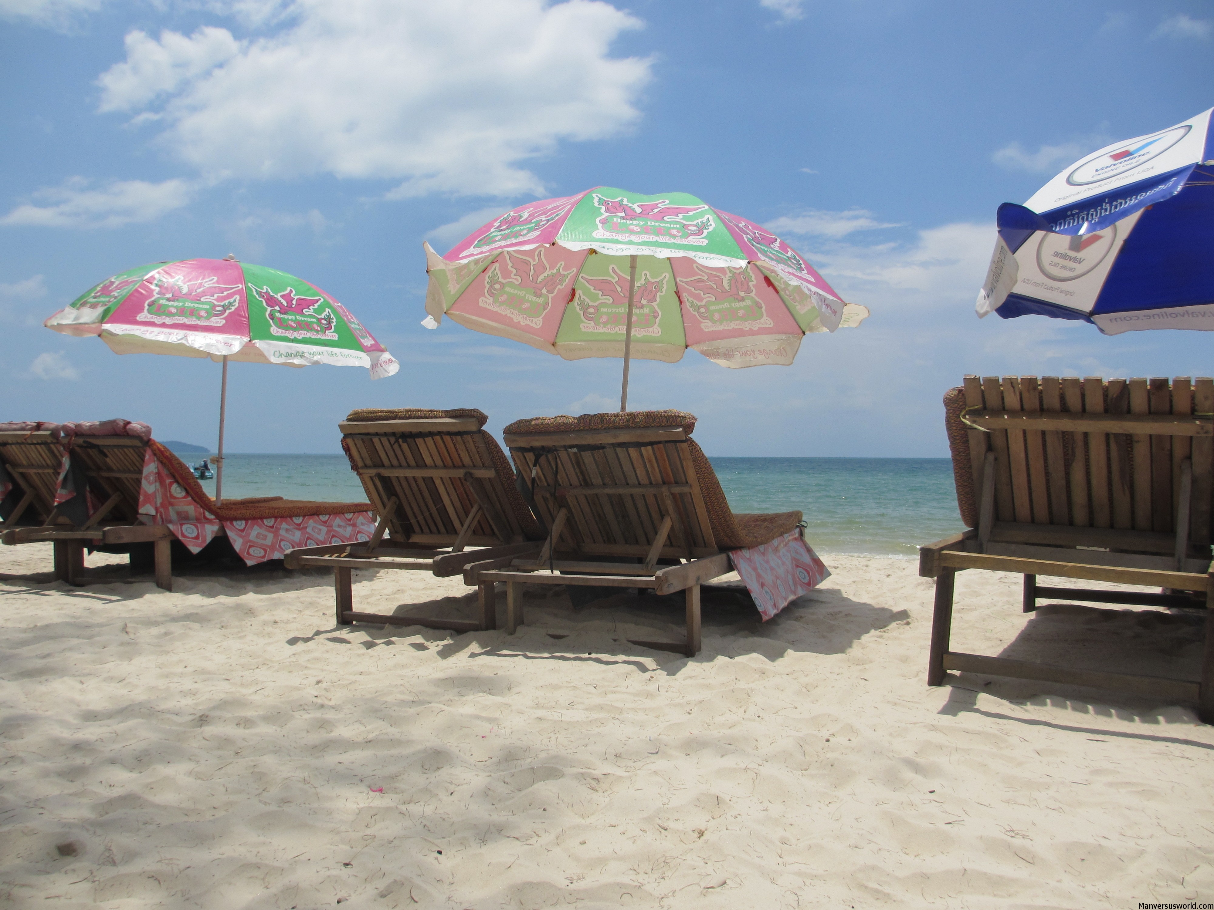 Beachcairs along Serenditpity Beach in Sihanoukville, Cambodia.