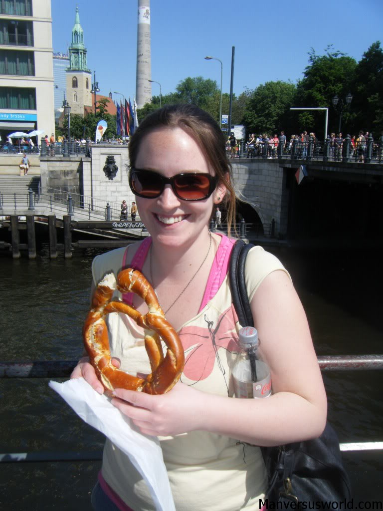 Nicola eating a pretzel in Berlin