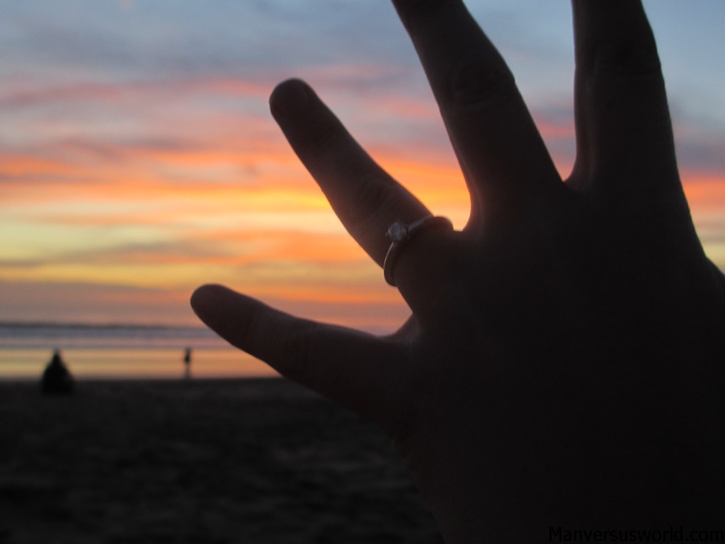 Nic's engagement ring in Bali at sunset