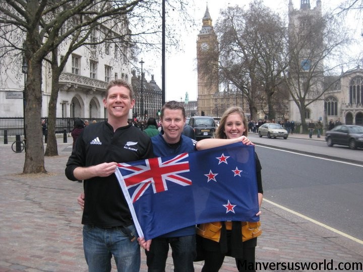 London on Waitangi Day with a NZ flag - in front of Westminster