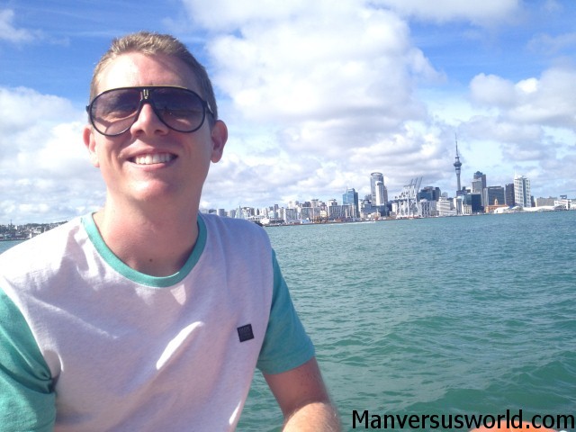 Me sailing on the Hauraki Gulf, Auckland behind me