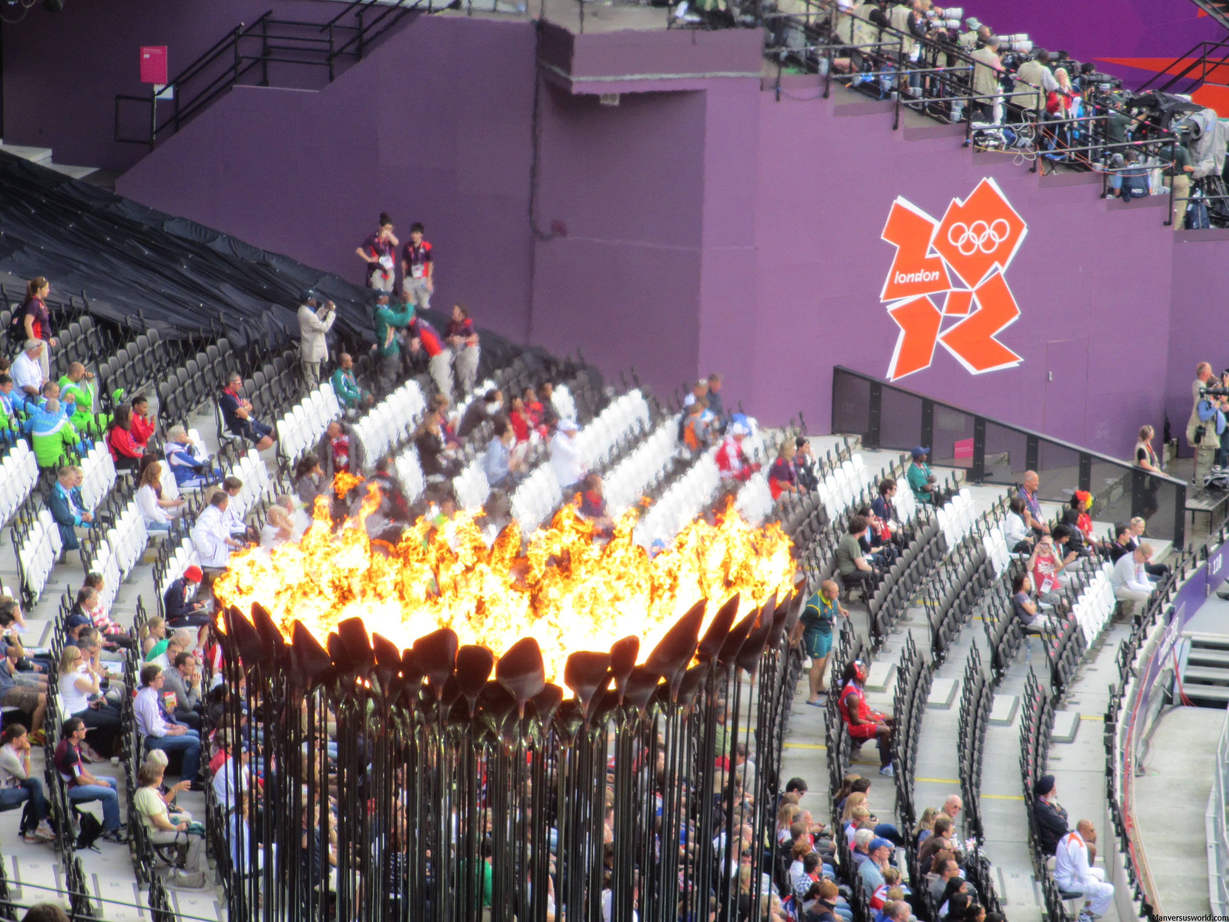 The London 2012 Olympic flame burns bright inside the stadium