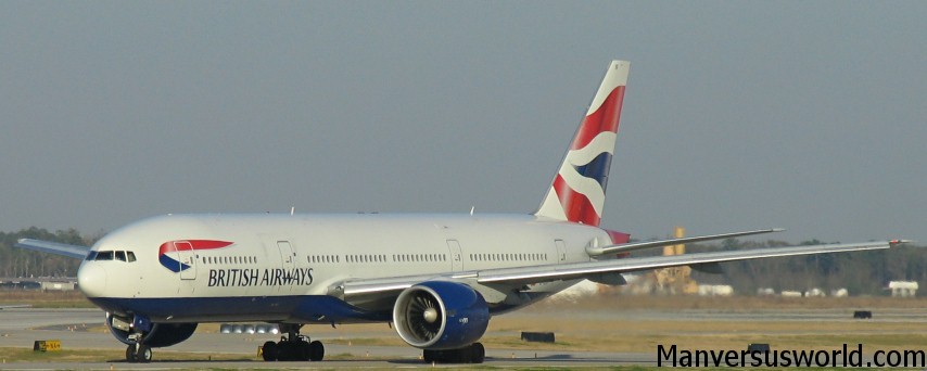 A British Airways plane on an airport runway.
